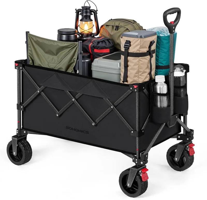 Chariot pliable pour extérieur 49,4 x 80,8 x 93,5 cm capacité 150 L 4 roues amovibles ergonomique en acier noir 12_0012842