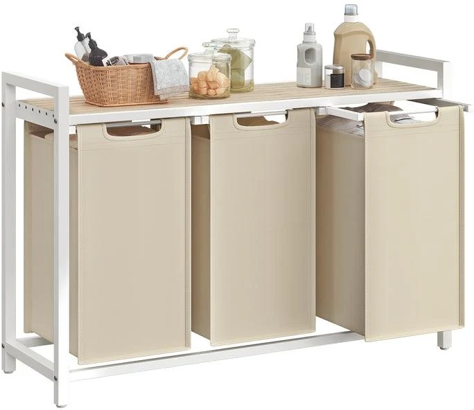 Panier à linge avec étagère 92,5 x 33 x 72 cm rangement pratique tissu Oxford style rustique en MDF beige cappuccino 12_0010226