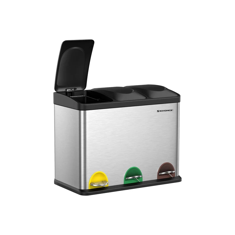 Poubelle de cuisine tri sélectif 60 x 33 x 48 cm avec 3 compartiments ergonomiques design contemporain en acier inoxydable gris 12_0008796