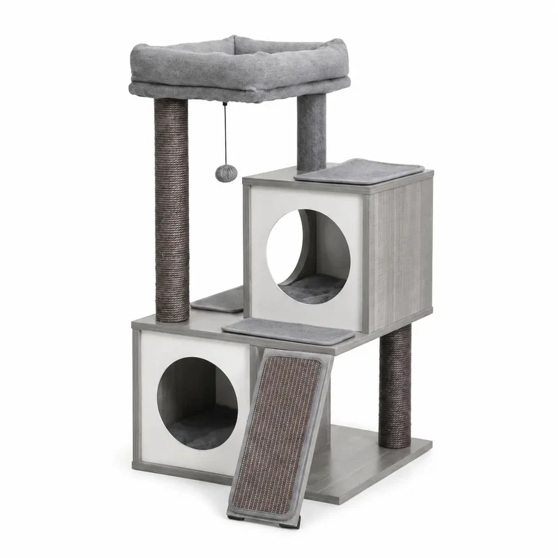 Arbre à chat XXL gris à plusieurs niveaux avec grattoir en sisal