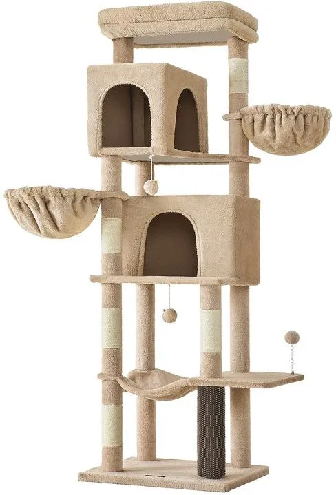 Arbre à chat multi-niveaux 55 x 43 x 174 cm avec 2 niches 5 griffoirs confort peluche en aggloméré marron camel 12_0011219