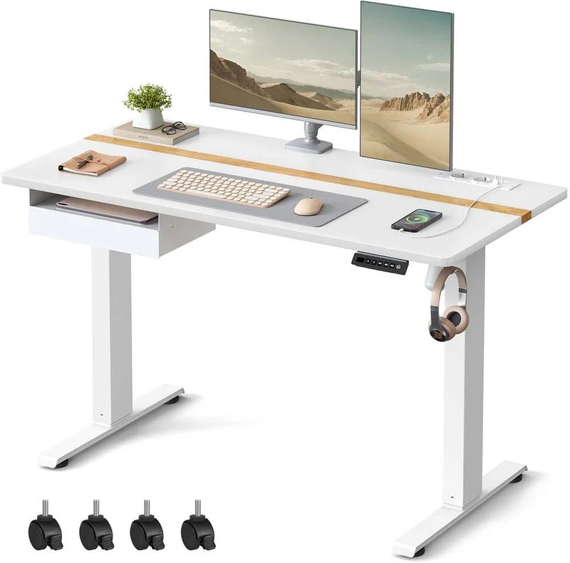Bureau assis-debout réglable en hauteur 60 x 120 cm fonction mémoire ergonomique style rustique en aggloméré blanc 12_0010774