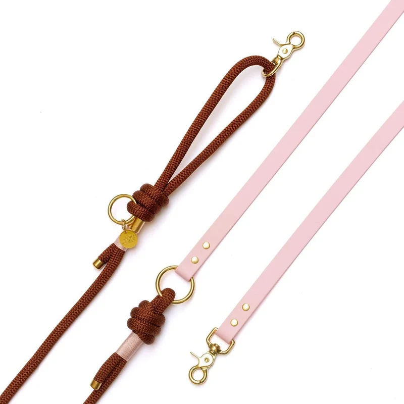 Laisse mains libres corde & Biothane marron rose – Élégance & confort