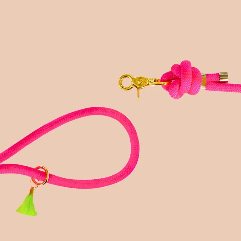 Laisse bandoulière chien corde rose fluo mains libres