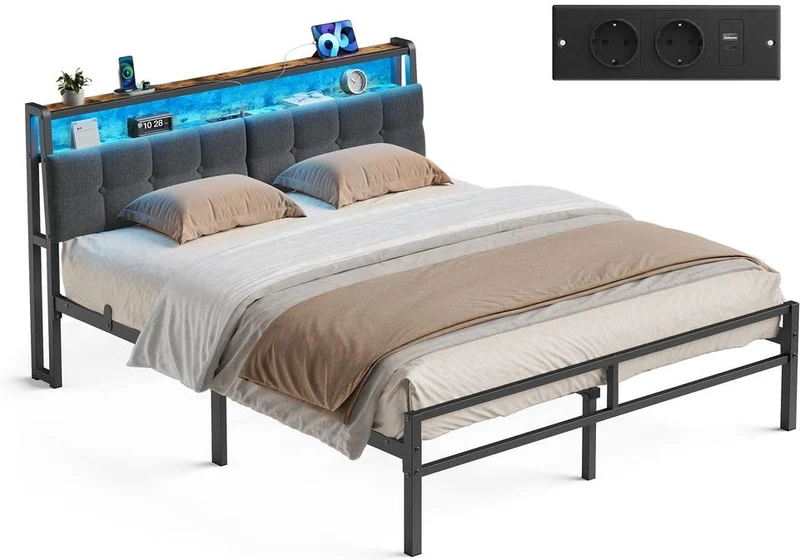 Cadre de lit 90 x 190 cm avec tête de lit éclairage LED et étagère style contemporain chambre en métal noir mat 12_0013117