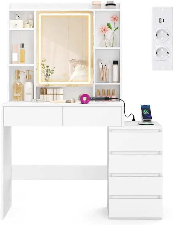 Coiffeuse moderne avec grand miroir LED réglable 40 x 105 x 145 cm ambiance cosy en panneau d'aggloméré blanc 12_0011943