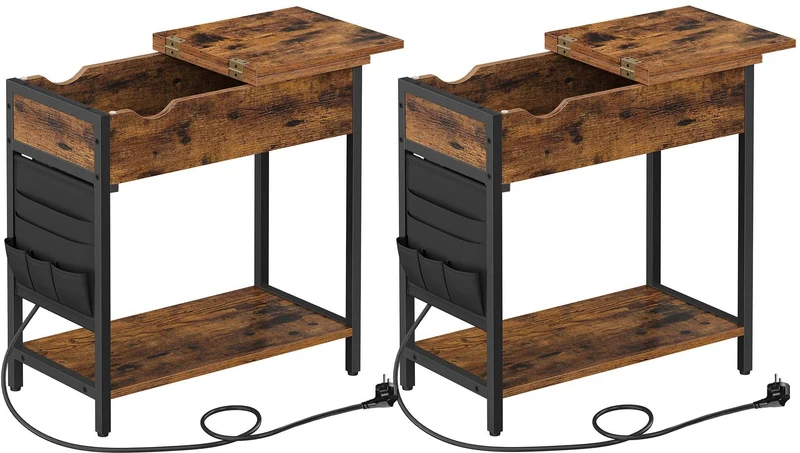Lot de 2 tables d'appoint rectangulaires rustiques 31,5 x 60 x 60 cm avec étagère pratique en aggloméré marron 12_0011504