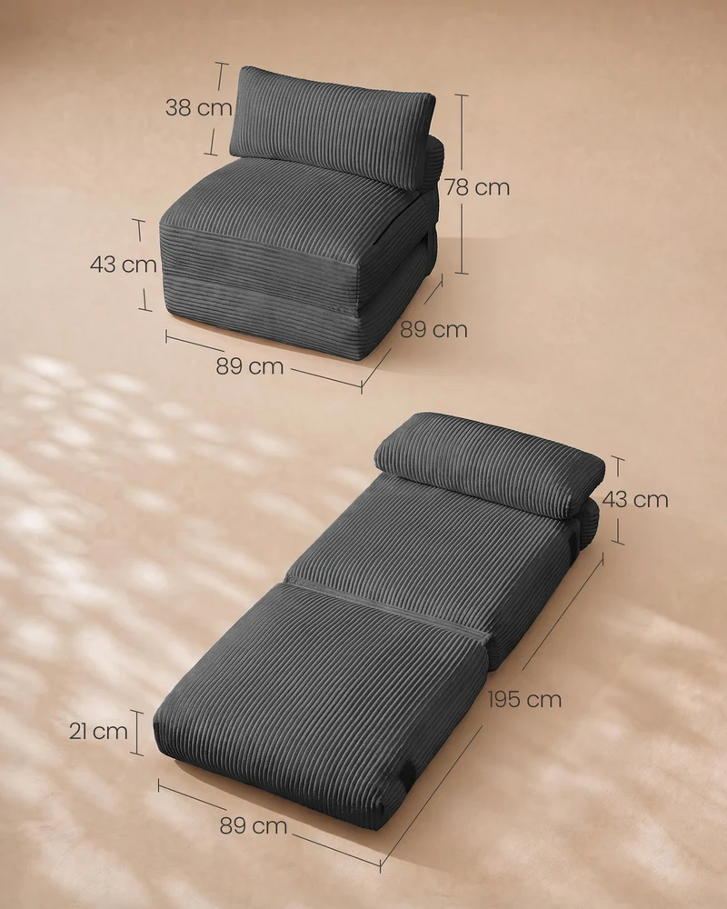 Chauffeuse convertible fauteuil pliable 89 x 89 x 78 cm confort optimal style contemporain en velours gris plomb 12_0013187