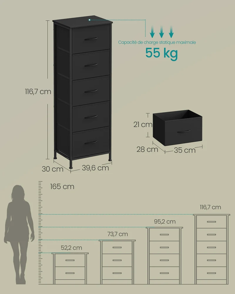 Commode de rangement design moderne 30 x 39,6 x 116,7 cm 9 tiroirs pratique style rustique en MDF noir 12_0012523