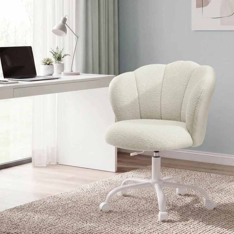 Chaise de bureau pivotante ergonomique hauteur réglable 64 x 64 x 89 cm dossier en forme de pétales style moderne en tissu peluche blanc crème 12_0012281