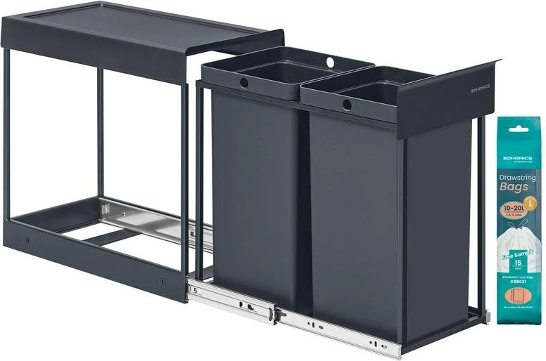 Poubelle de tri sélectif extractible coulissante 48,6 x 29,2 x 44 cm 2 seaux 15 L finition moderne en acier gris 12_0012070