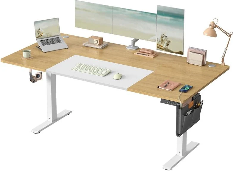 Bureau électrique réglable en hauteur 180 x 80 cm avec fonction mémoire et port USB-C pour télétravail en bois chêne naturel 12_0012841