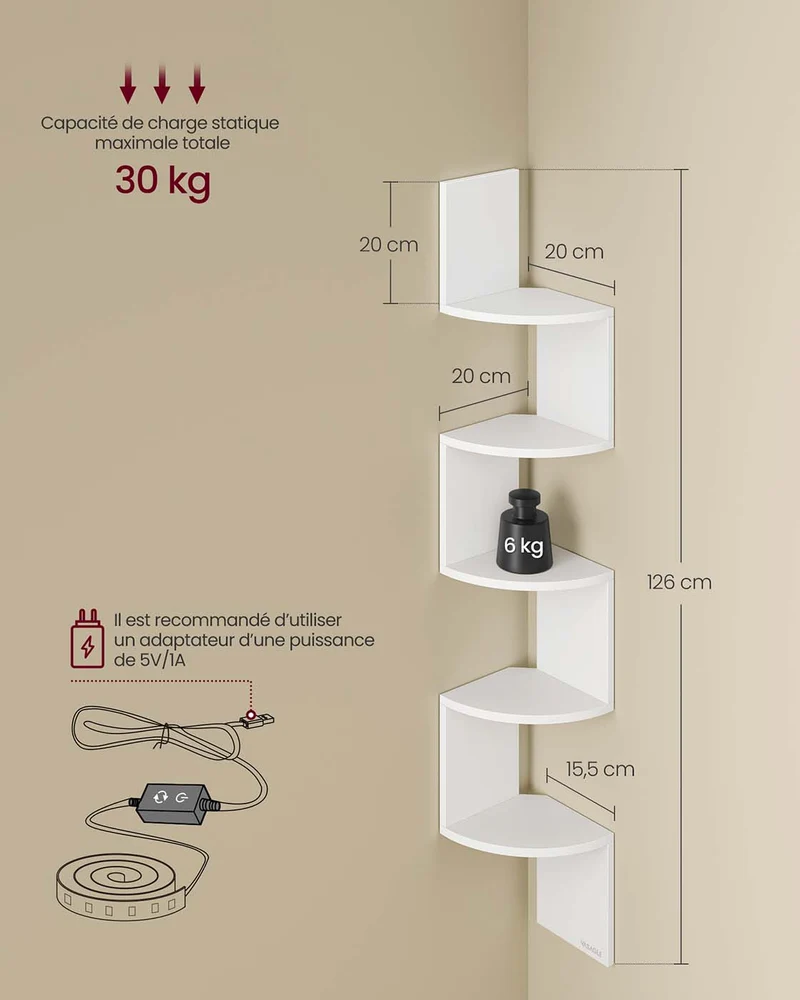 Étagère d'angle murale design épuré 20 x 20 x 126 cm avec éclairage LED ambiance cosy en aggloméré blanc mat 12_0012334