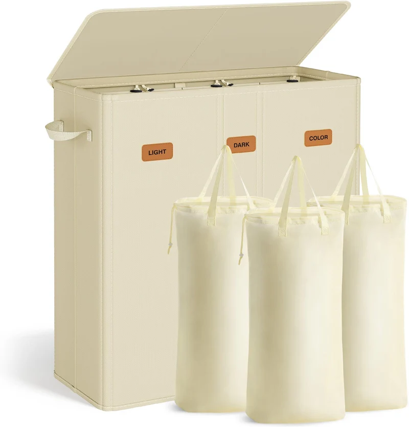 Panier à linge 3 compartiments 64 x 33 x 75 cm avec couvercle pratique étiquettes amovibles style buanderie en tissu oxford blanc crème 12_0012178