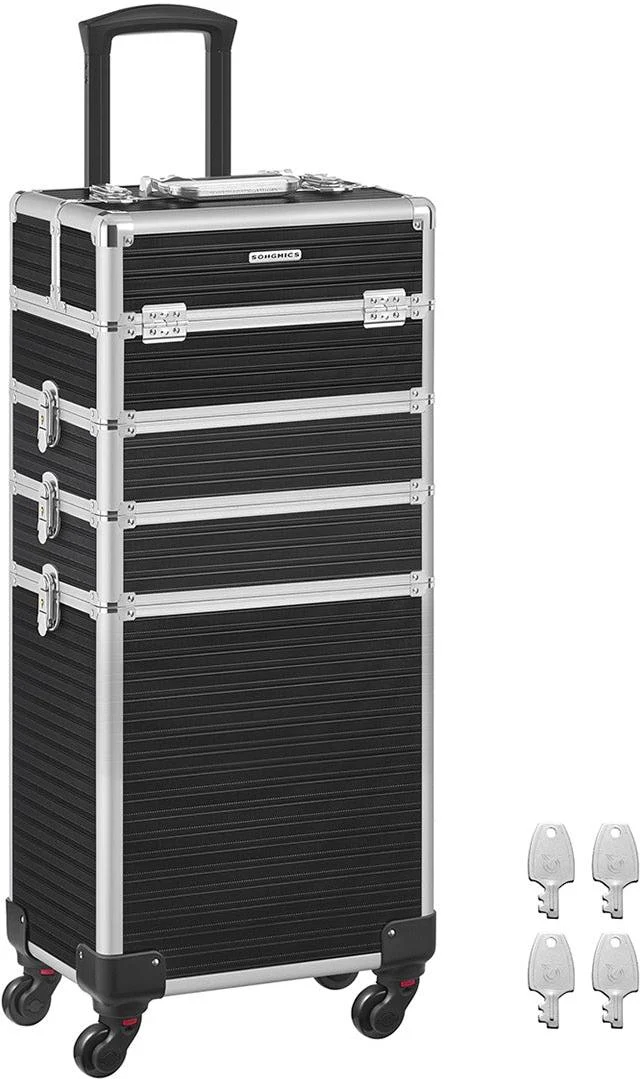 Valise de maquillage professionnelle avec roulettes 34 x 24 x 79,3 cm verrouillable pratique design moderne en aluminium noir 12_0010880
