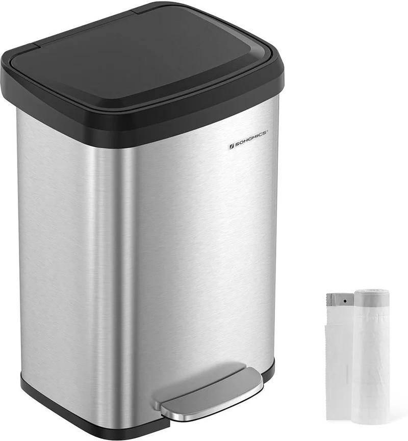 Poubelle à pédale grande capacité 50 L design moderne cuisine 40,4 x 32,1 x 58,5 cm en métal argent 12_0010634