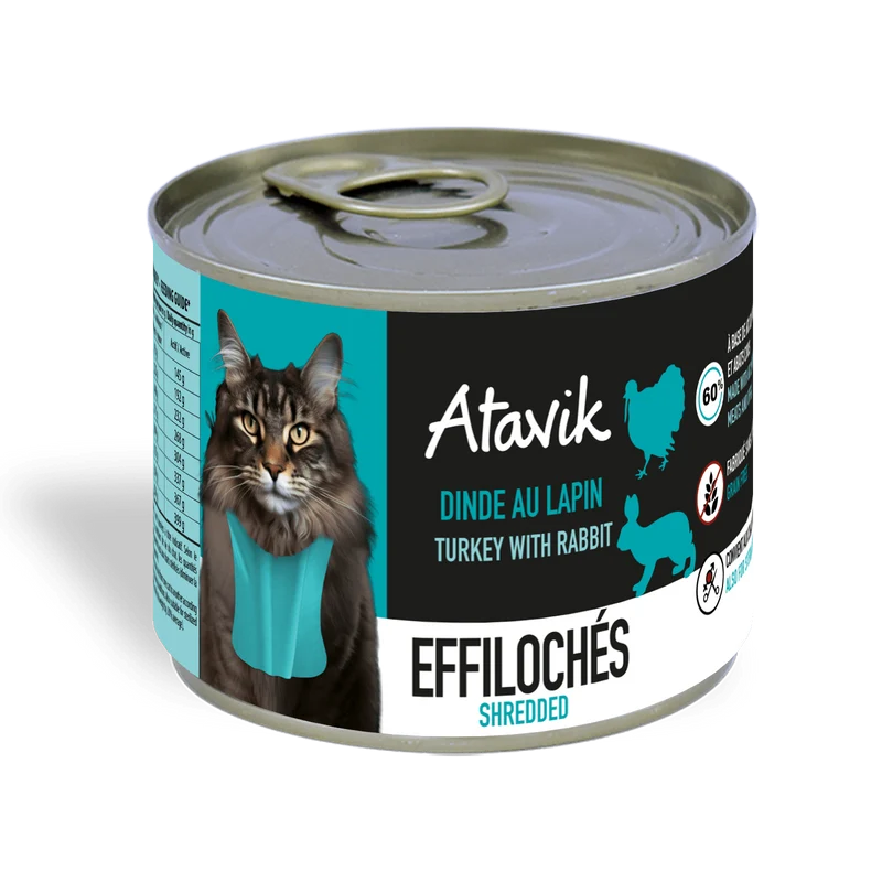 Pâtée sans céréales pour chat – Effilochés Dinde Lapin (200g)