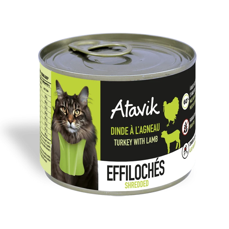 Pâtée sans céréales pour chat – Effilochés Dinde à l'Agneau (200g)