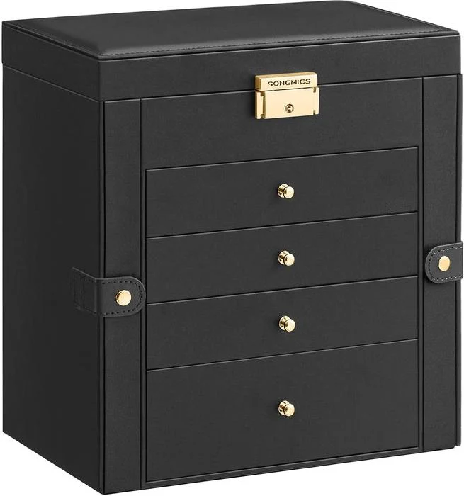 Boîte à bijoux grand modèle avec miroir 15 x 26,2 x 28 cm pour rangement élégant tendance en PU noir 12_0009417