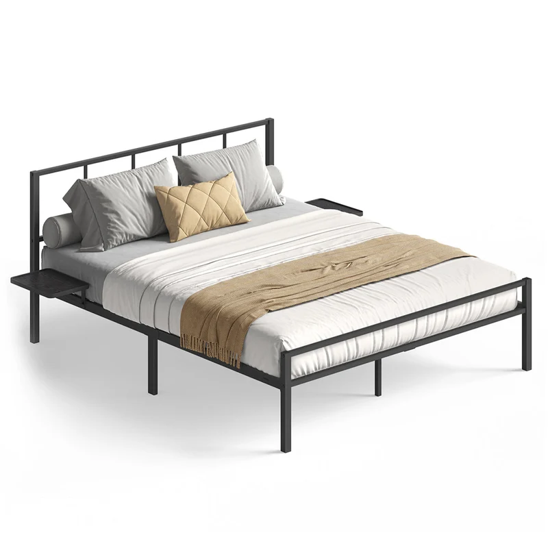 Lit double lit 2 personnes cadre de lit en métal avec étagères de rangement lit adolescent adapté pour matelas 190 x 140 cm montage facile noir classique 12_0006153