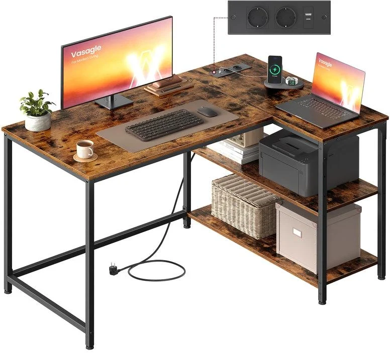 Bureau gaming en L avec rangement réglable 110 x 80 x 76 cm ambiance moderne en panneau d’aggloméré marron rustique 12_0012869