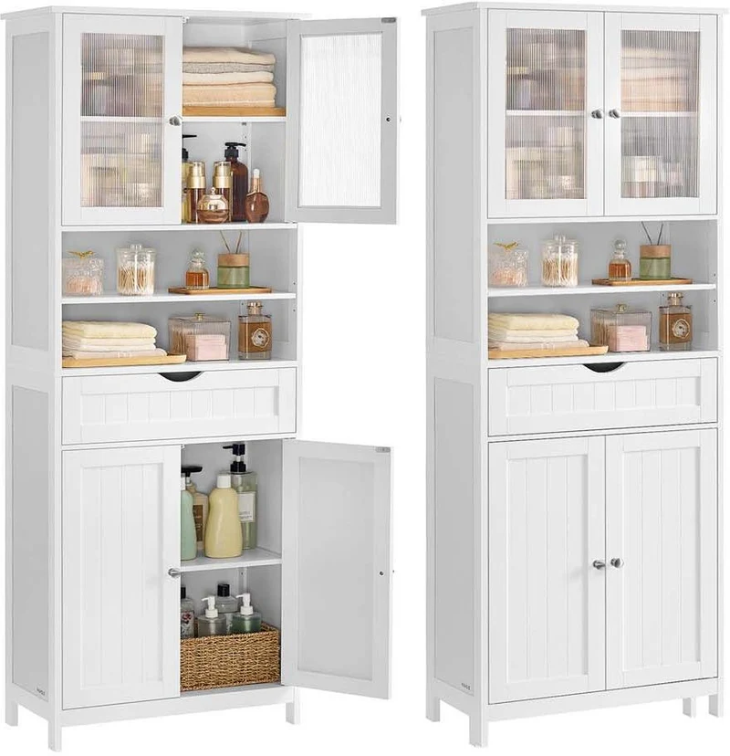 Meuble de rangement armoire salle de bain avec étagères réglables 30 x 60 x 170 cm style moderne en MDF blanc 12_0012840
