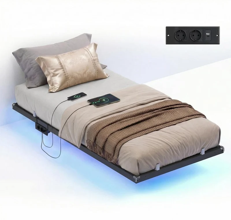 Lit flottant moderne avec station de charge amovible 190 x 90 x 26 cm en acier noir d'encre 12_0012711