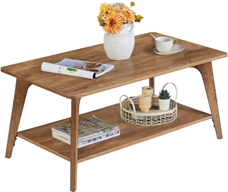 Table basse à 2 niveaux avec rangement salon 55 x 100 x 45 cm design contemporain en aggloméré marron miel 12_0012245