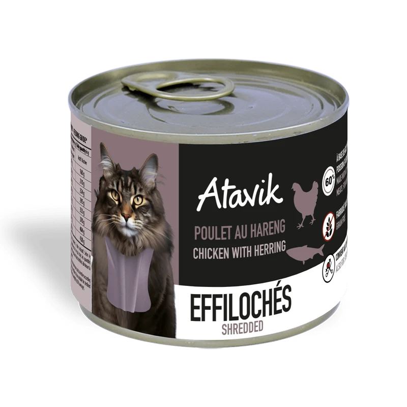 Pâtée sans céréales pour chat – Effilochés Poulet & Hareng (200g)