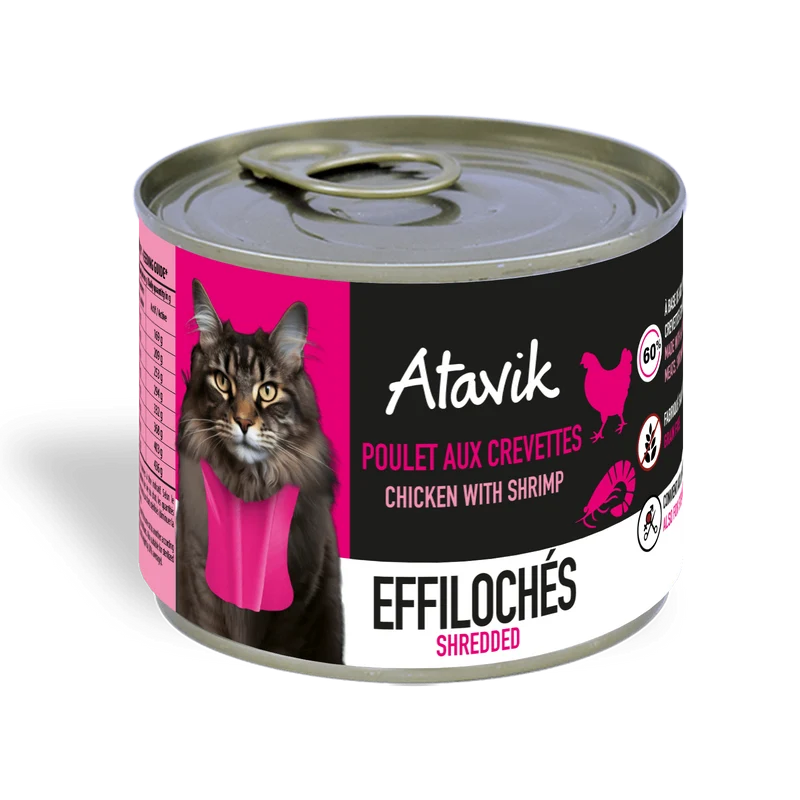 Pâtée sans céréales pour chat – Effilochés Poulet & Crevettes (200g)