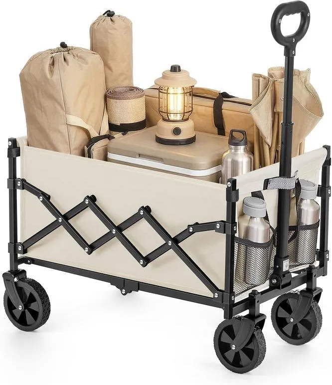 Chariot de transport pliable extérieur 42 x 67 x 90,5 cm grande capacité 90 litres finition robuste en acier beige sable 12_0012824