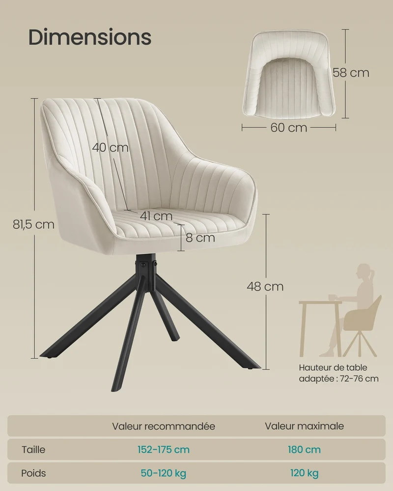 Chaise de salle à manger pivotante confort rembourrée 60 x 60 x 81,5 cm en velours beige cappuccino 12_0012493