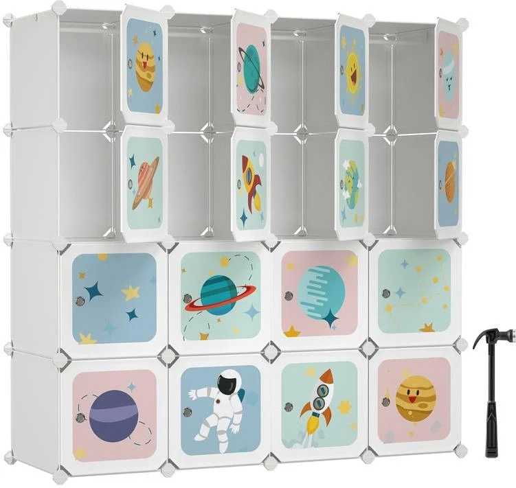 Armoire modulable en rangement enfant 123 x 41 x 123 cm avec 16 cubes empilables design épuré en plastique blanc 12_0011925