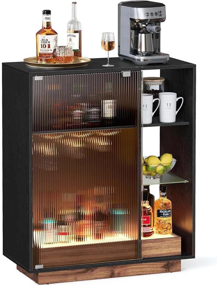 Meuble bar moderne avec éclairage intégré rangement pour vin 42 x 88 x 105 cm en panneau d'aggloméré noir boisé 12_0011494