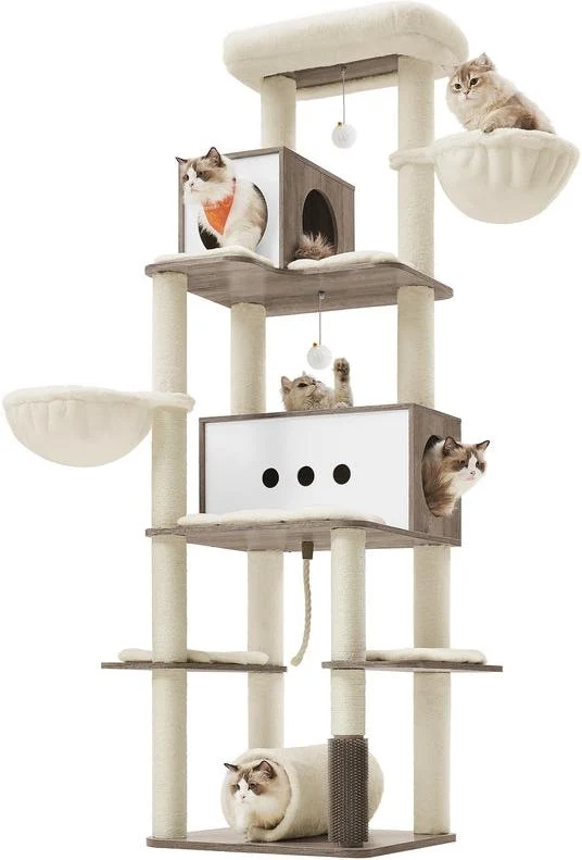 Arbre à chat moderne multi-niveaux avec 2 niches 60 x 60 x 192 cm pour chats d'intérieur en panneau d'aggloméré grège 12_0011381