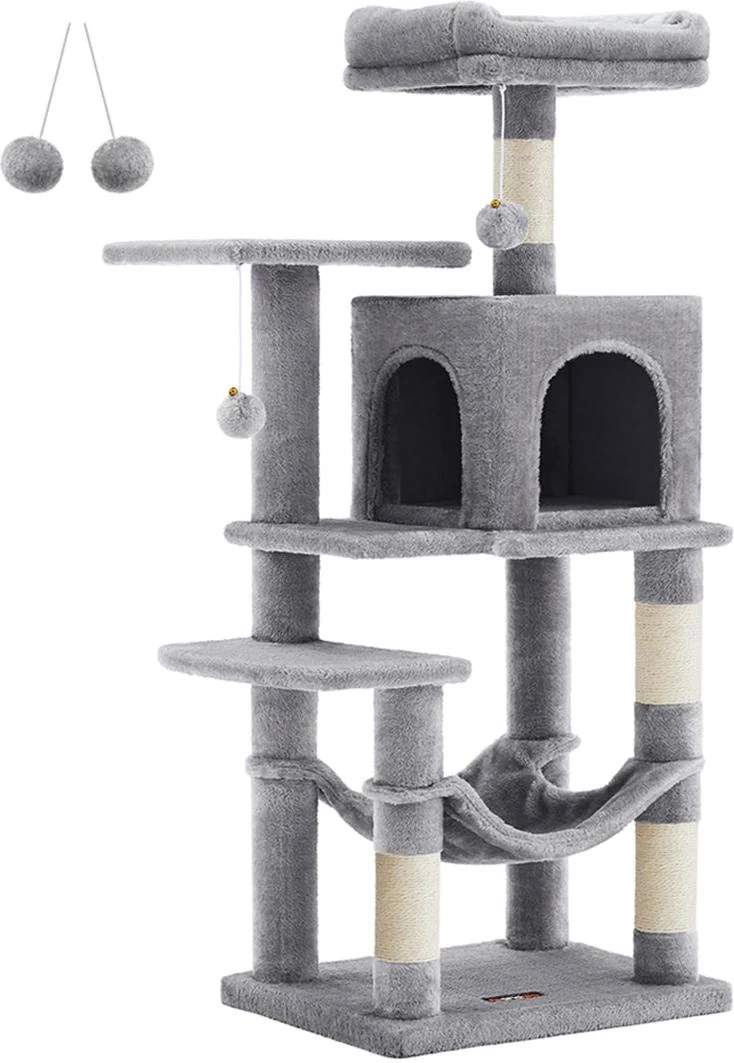 Arbre à chat design moderne pour 4 chats 45 x 35 x 112 cm en panneau d'aggloméré gris clair 12_0010160