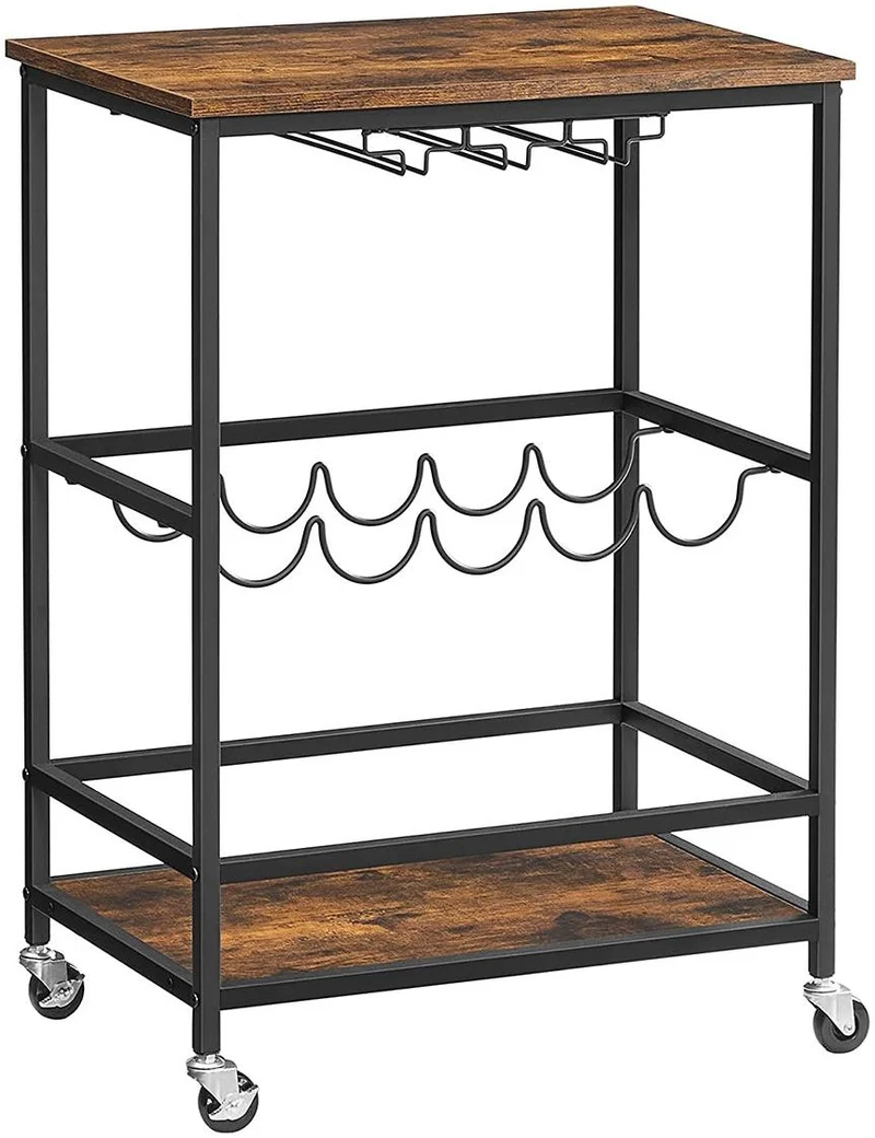 Desserte mobile sur roulettes avec supports pour verres et portes-bouteilles 60 x 40 x 75 cm style industriel en aggloméré marron 12_0009765