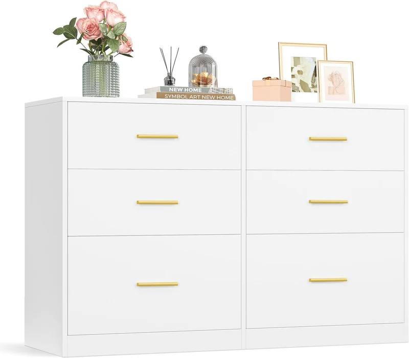 Commode de chambre moderne 40 x 119 x 78 cm 6 tiroirs espace de rangement fonctionnel en panneau d'aggloméré blanc 12_0013173