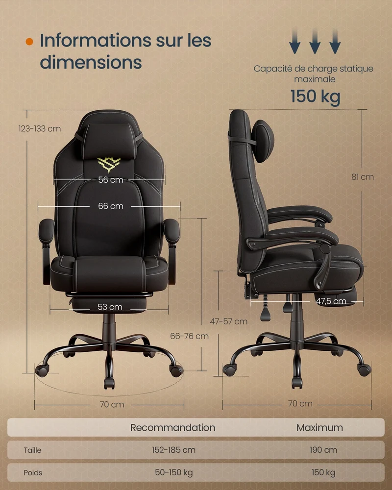 Fauteuil gaming ergonomique avec repose-pieds ajustable 70 x 70 x 133 cm confort optimal style moderne en PU noir 12_0012097