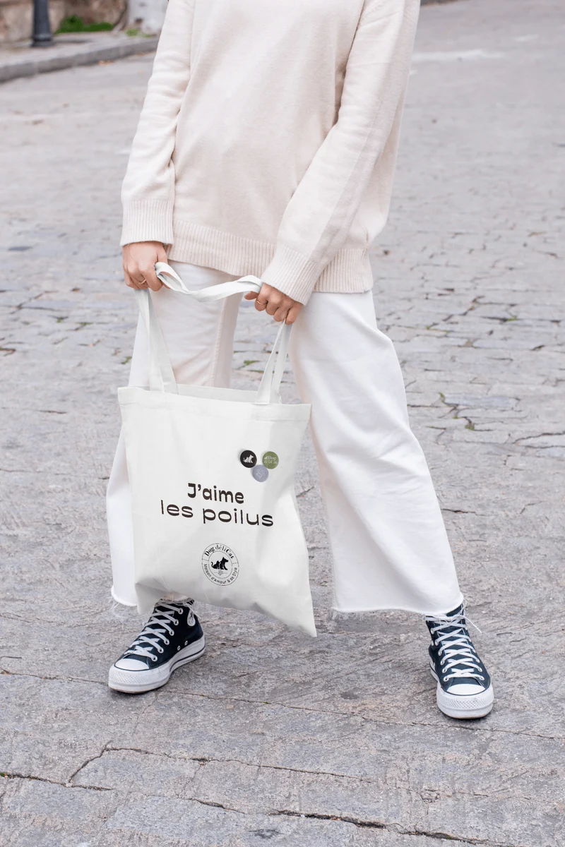 Tote bag chien chat – “J’aime les poilus” + 3 badges – DOG DéliCAT