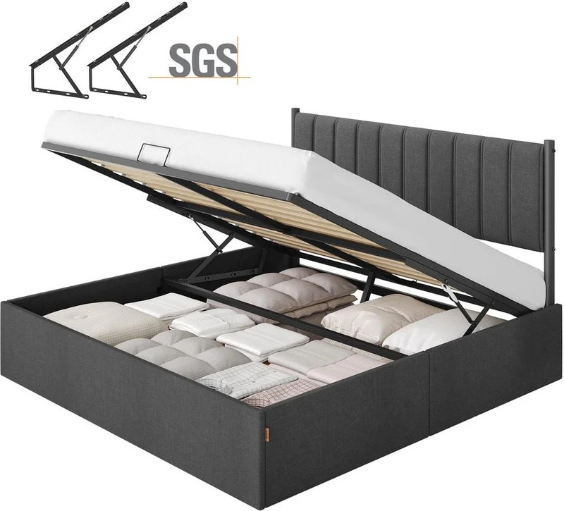 Lit coffre moderne 209,3 x 183,4 x 110 cm avec rangement système hydraulique ambiance cosy en tissu gris ardoise 12_0012603