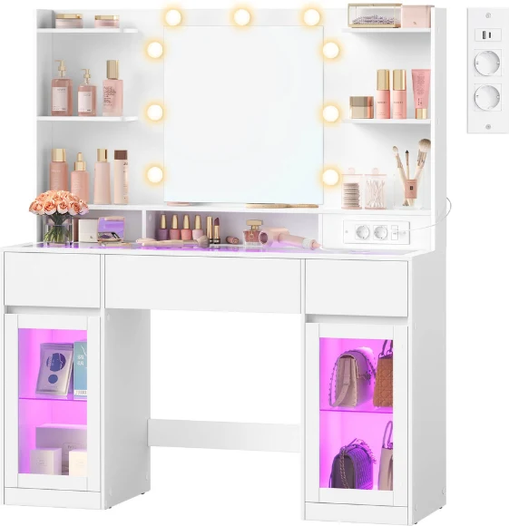 Coiffeuse avec miroir éclairage LED 107 x 40 x 144 cm rangement pratique style moderne en MDF blanc mat 12_0012063