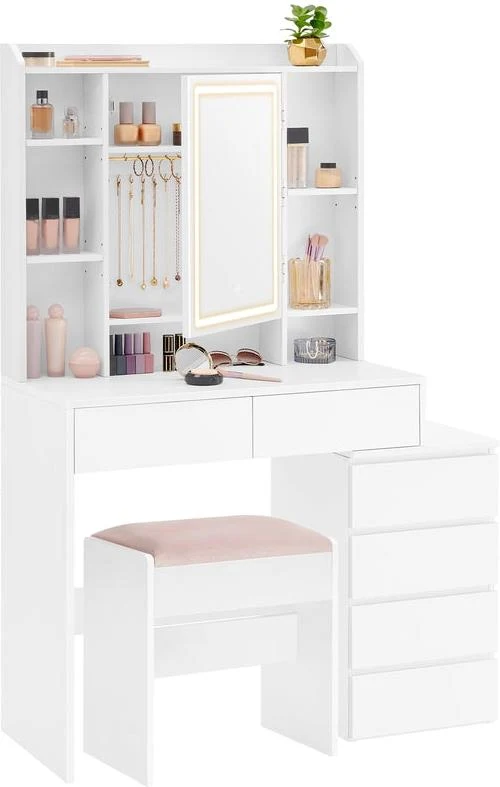 Coiffeuse moderne avec grand miroir LED réglable 40 x 97,5 x 145 cm ambiance cosy compartiments ouverts en aggloméré blanc 12_0011243