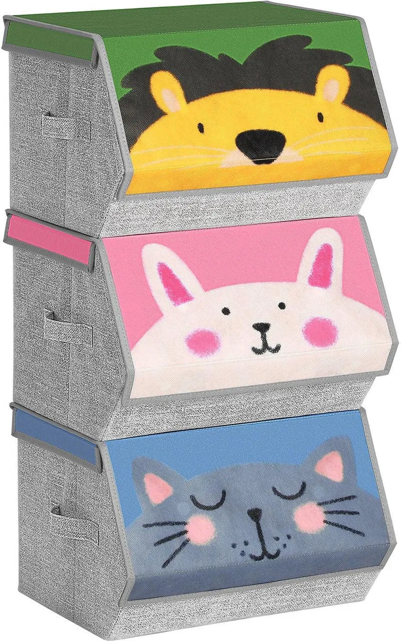 Lot de 3 boîtes de rangement empilables pliables pour chambre d'enfant salle de jeux 38 x 25 x 35 cm en tissu rose 12_0010374