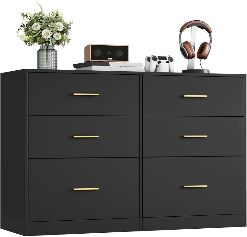 Commode moderne à 6 tiroirs pour dressing 40 x 119 x 78 cm décoration élégante en panneau d'aggloméré noir d'encre 12_0013169