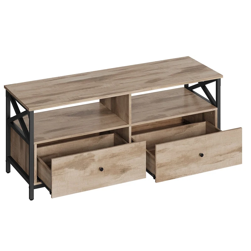 Meuble TV industriel table télé jusqu'à 55 pouces avec 2 tiroirs et 2 étagères ouvertes 120 x 40 x 50 cm pour salon chambre cadre en acier marron rustique et noir 12_0006556