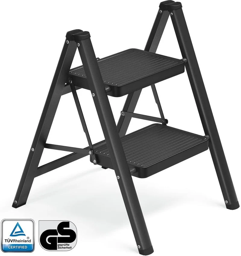 Escabeau pliable 2 marches capacité 150 kg facilement rangeable design moderne 55 x 43,4 x 61,8 cm en acier noir 12_0012168