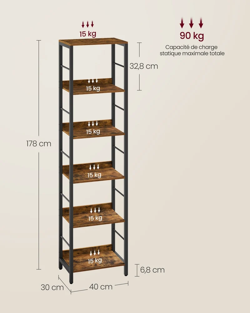 Étagère sur 6 niveaux style industriel pour salon bureau 30 x 40 x 178 cm avec panneaux arrière en aggloméré noir 12_0012776