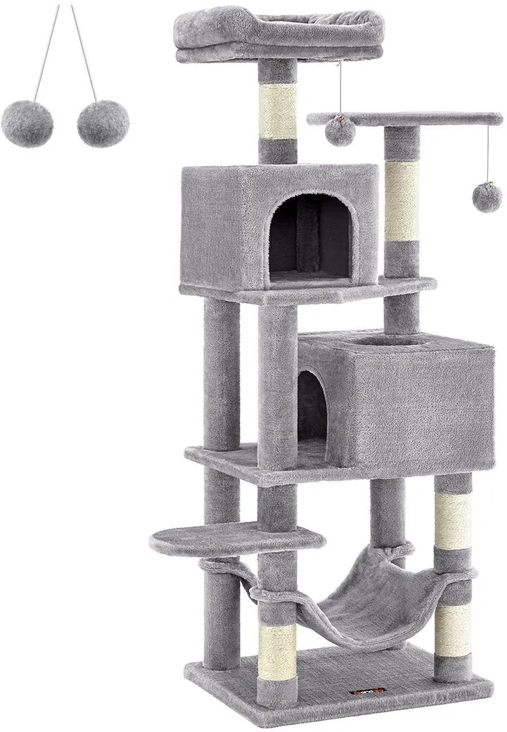 Arbre à chat design moderne 49 x 40 x 155 cm espace jeux confort peluche en aggloméré gris clair 12_0010630