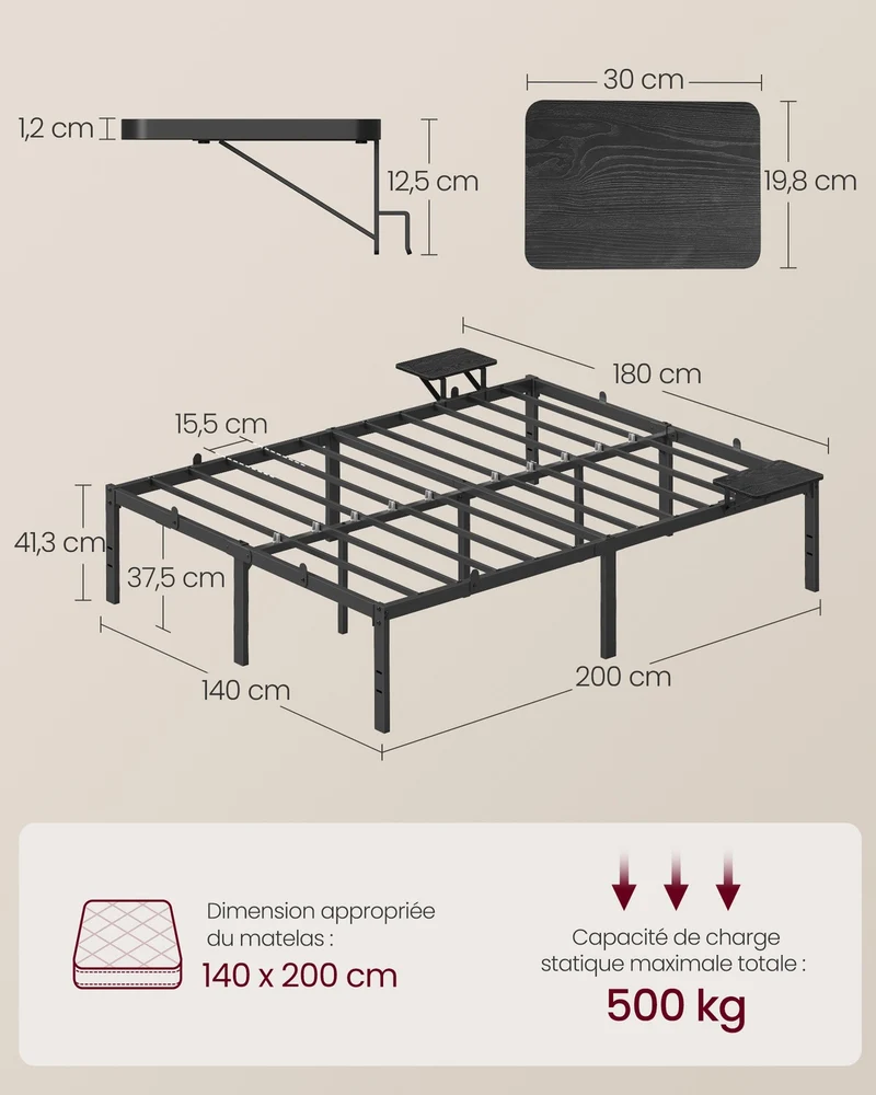 Lot de 2 lits doubles avec étagères de rangement 200 x 140 x 41,3 cm montage facile style contemporain en métal noir 12_0010343